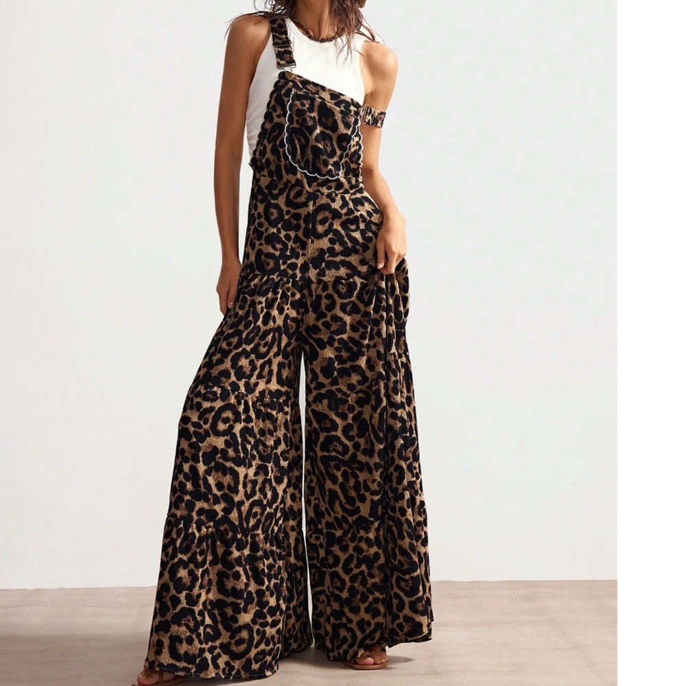 Leopard Print Pocket Wide Leg Bib Overalls Jumpsuit - Picture 1 of 11